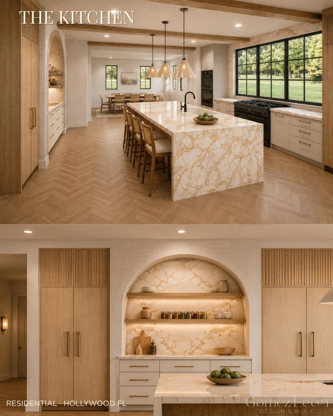 Harrison House kitchen renovation with a marble waterfall island and herringbone wood flooring