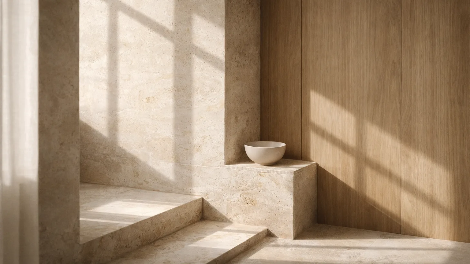 Sunlit marble and wood interior detail with a minimalist ceramic bowl