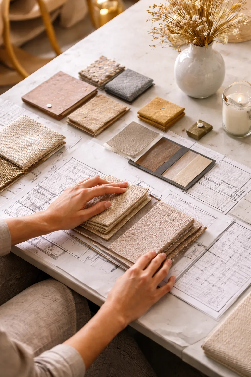 Fabric and material swatches selected by hand for an interior design project