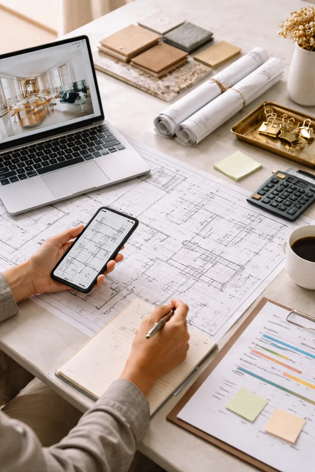 Laptop, blueprints, and phone on a desk representing design-build coordination