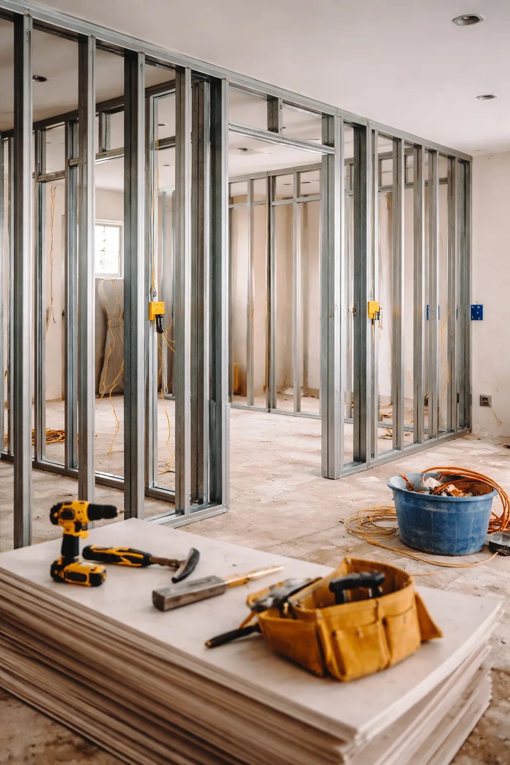 Metal stud framing and construction tools on an interior renovation job site
