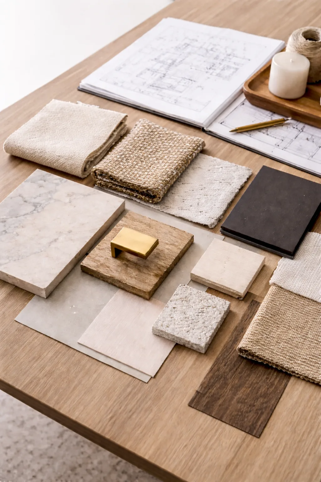 Fabric swatches, blueprints, and design materials arranged on a wood table