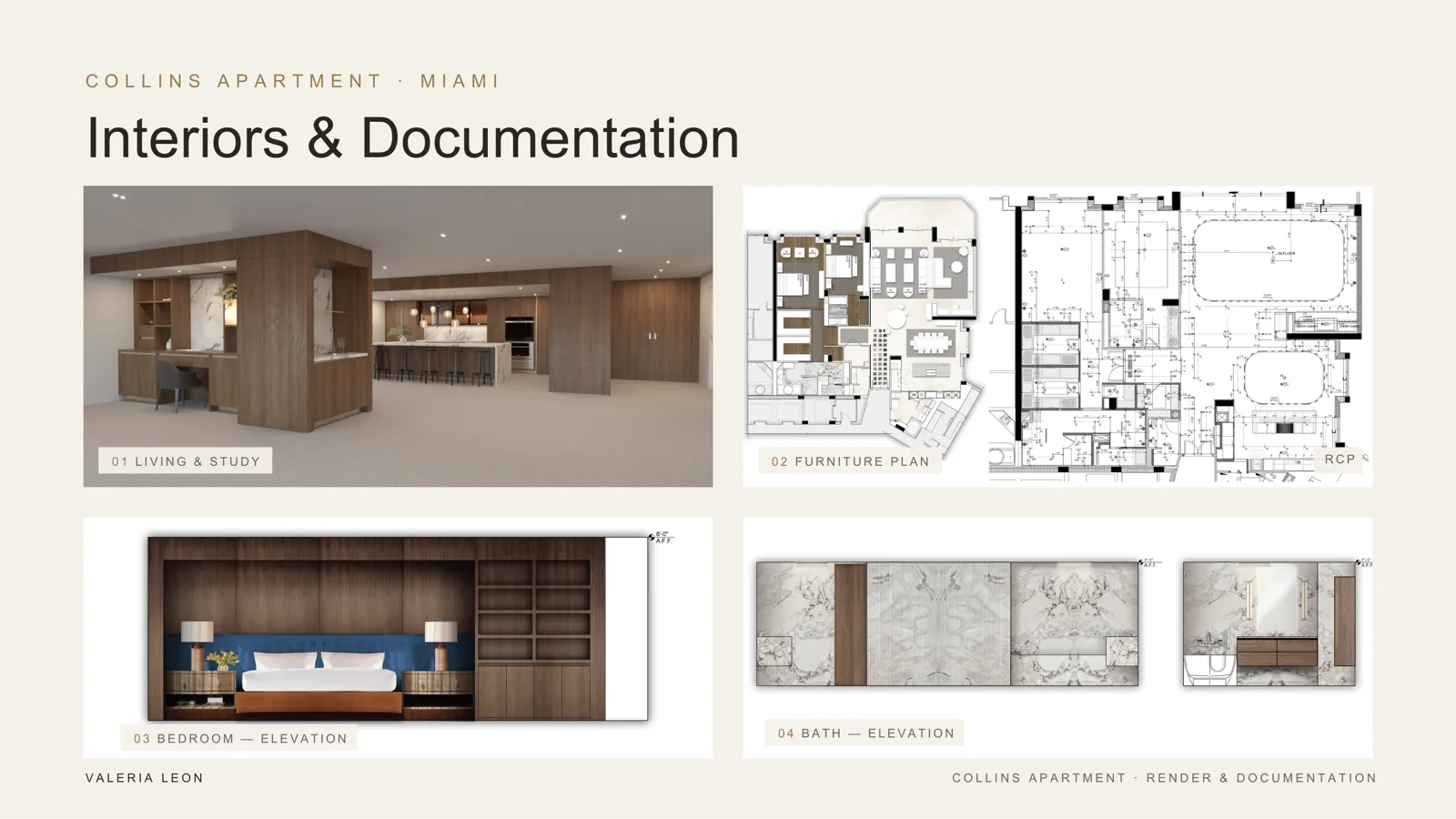 Collins Apartment design documentation including furniture plan, reflected ceiling plan, and millwork elevations