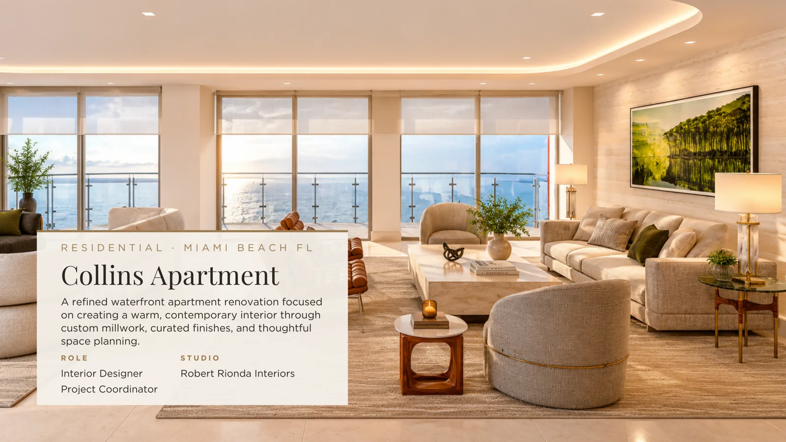 Collins Apartment living and study render, a waterfront apartment renovation in Miami Beach by Gomez Leon