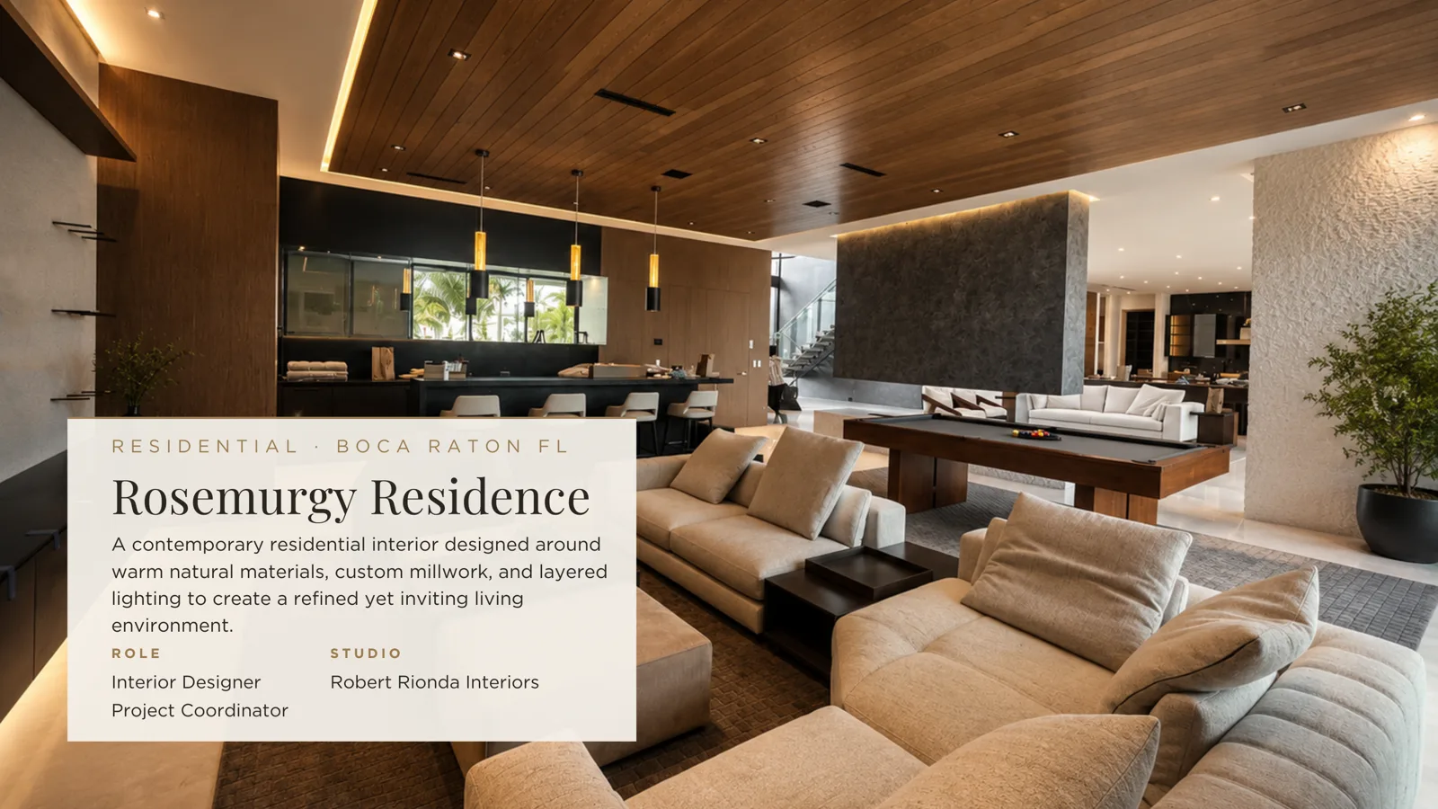 Rosemurgy Residence family room with pool table and custom millwork, a contemporary home in Boca Raton