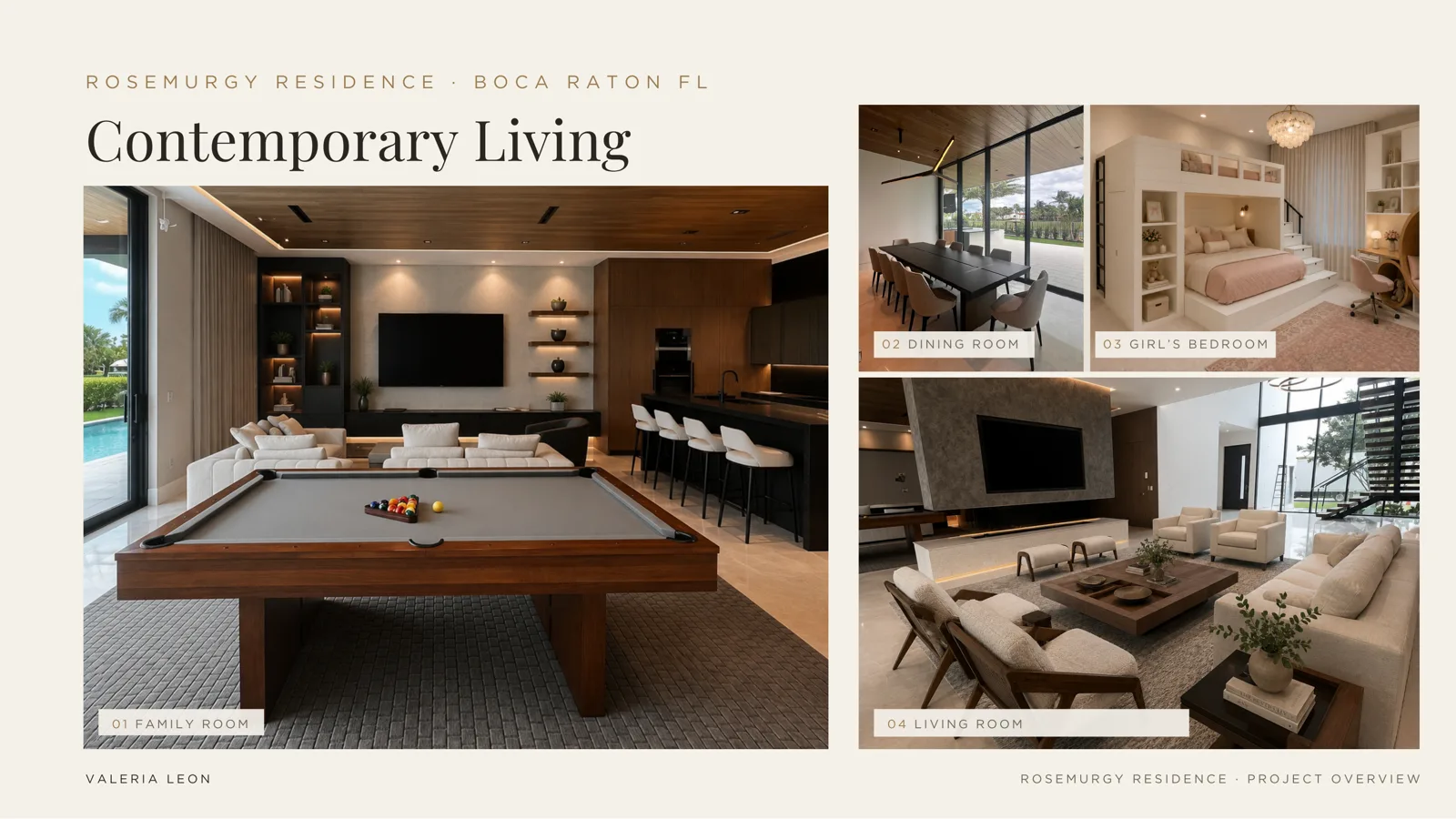 Rosemurgy Residence dining room, girl's bedroom, and living room renders